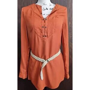 Womens Small Rust Orange Top Shirt V-neck Roll Tab Sleeves Western Casual Belted